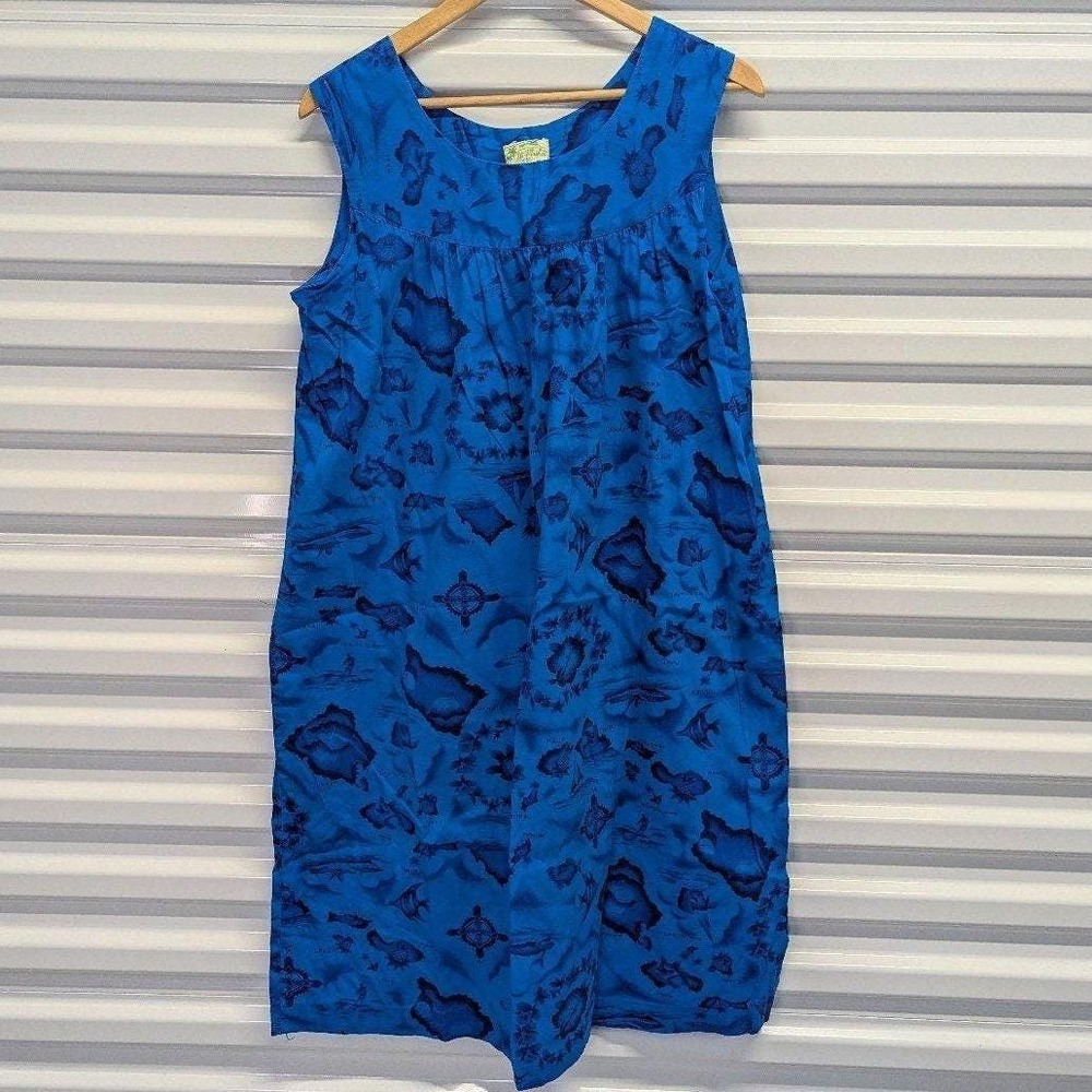 Vintage Coastal Boho Hawaiian Cotton Shift Dress Resortcore Ui-Maikai Blue